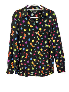 Ann May Silk Blouse Women Medium Dragonfly Black Button Front Collared Work
